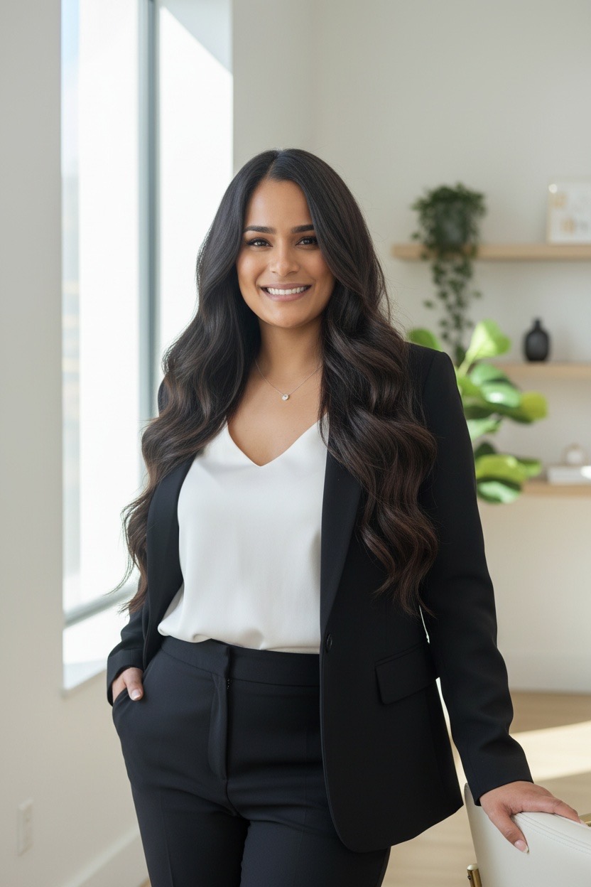 Carmen Angle smiling in a black suit beside a window